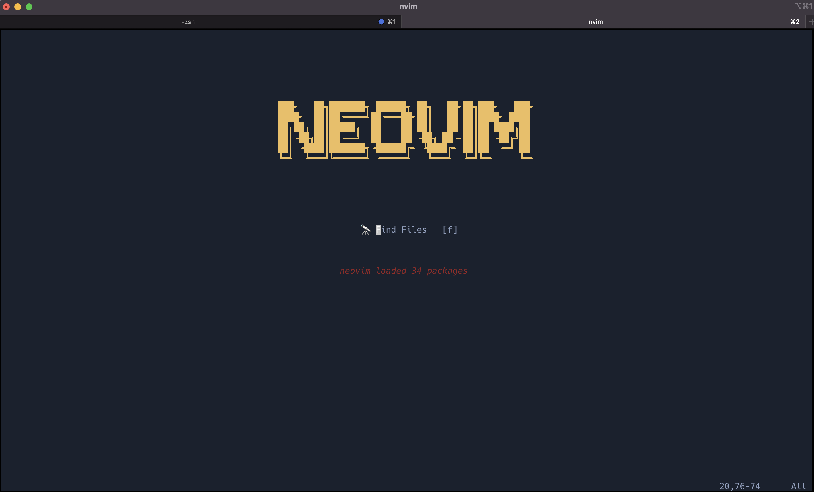 Neovim text editor with opening dashboard