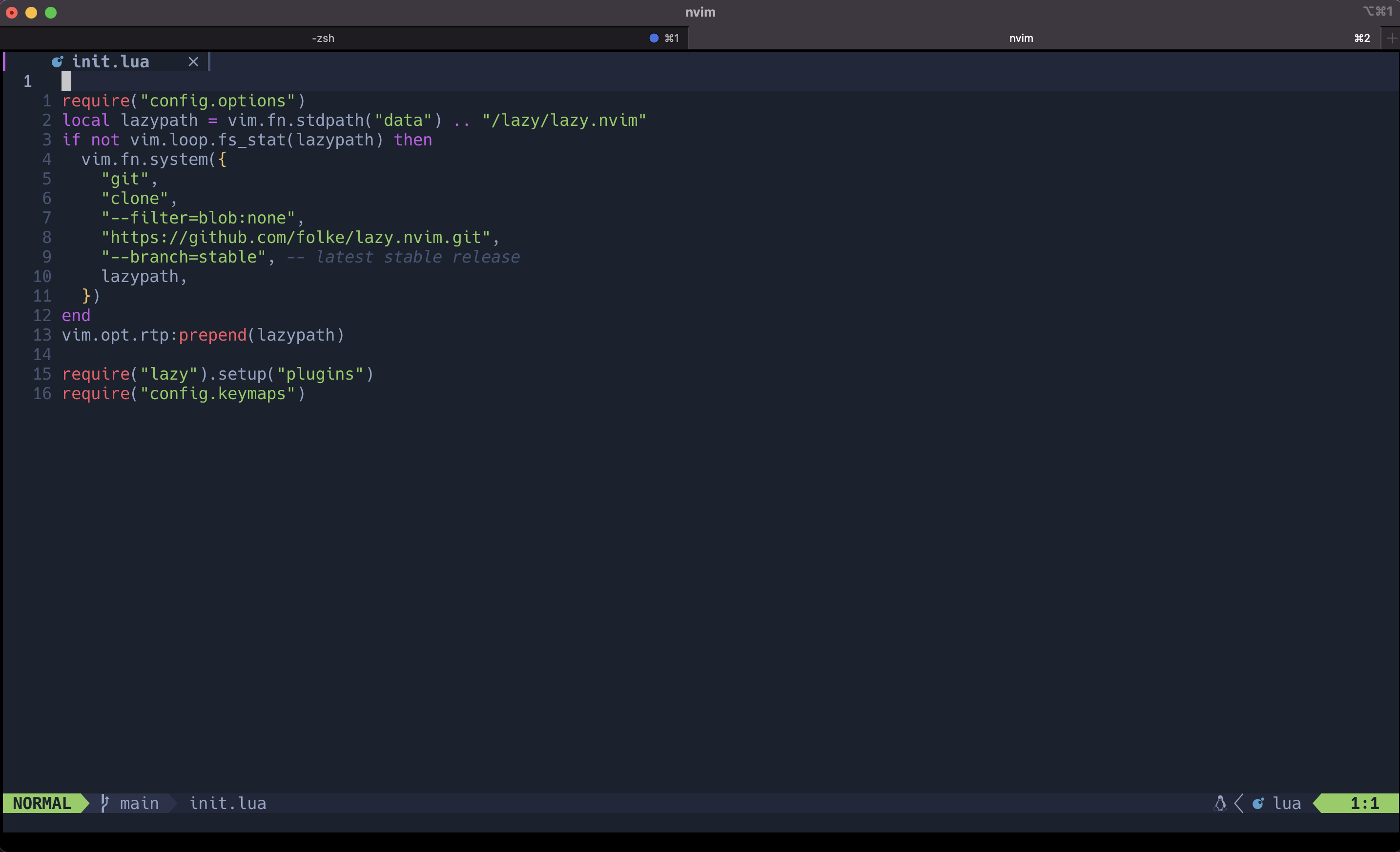 Neovim Text Editor with One-Dark theme applied