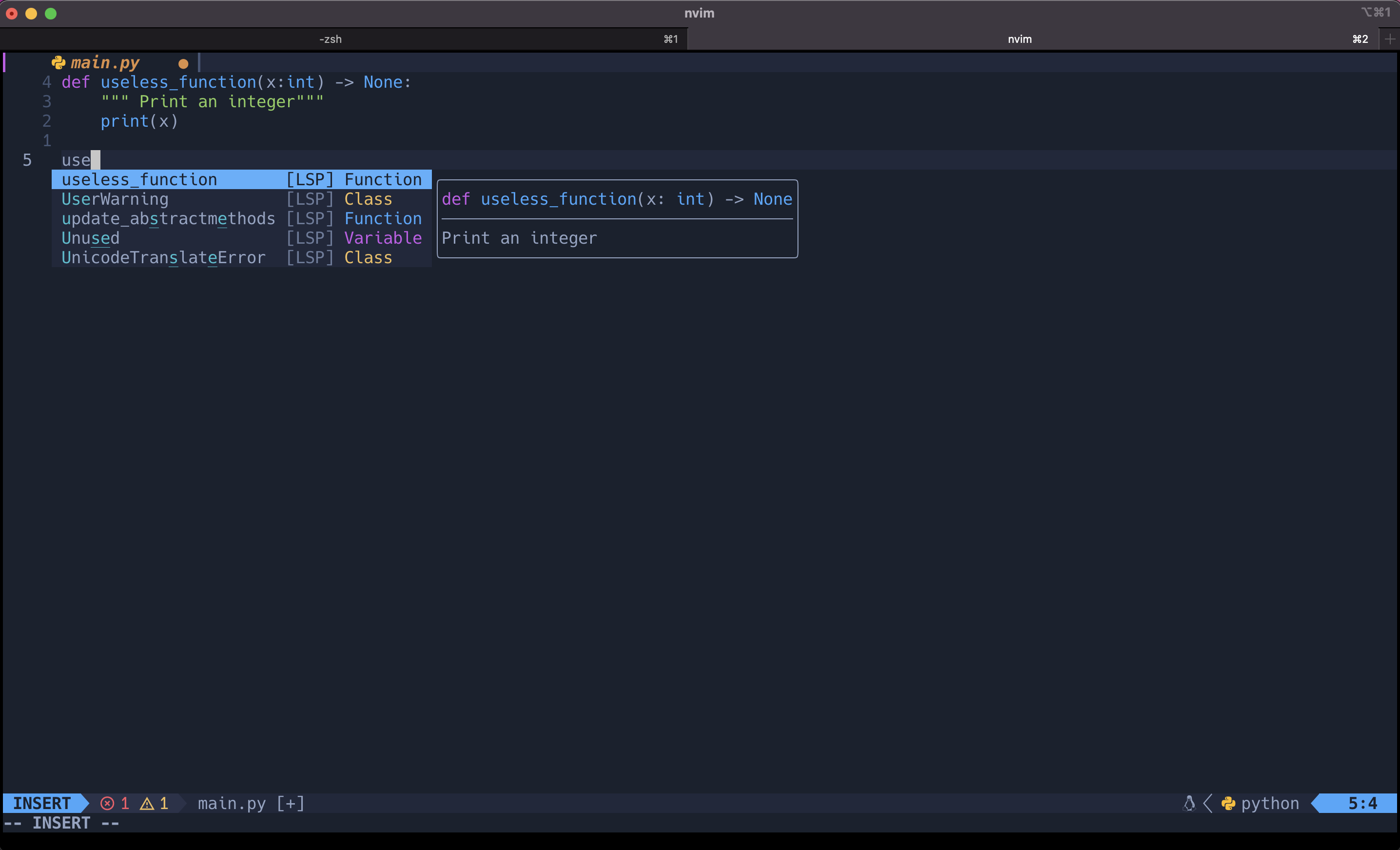 Neovim text editor with Python language hints