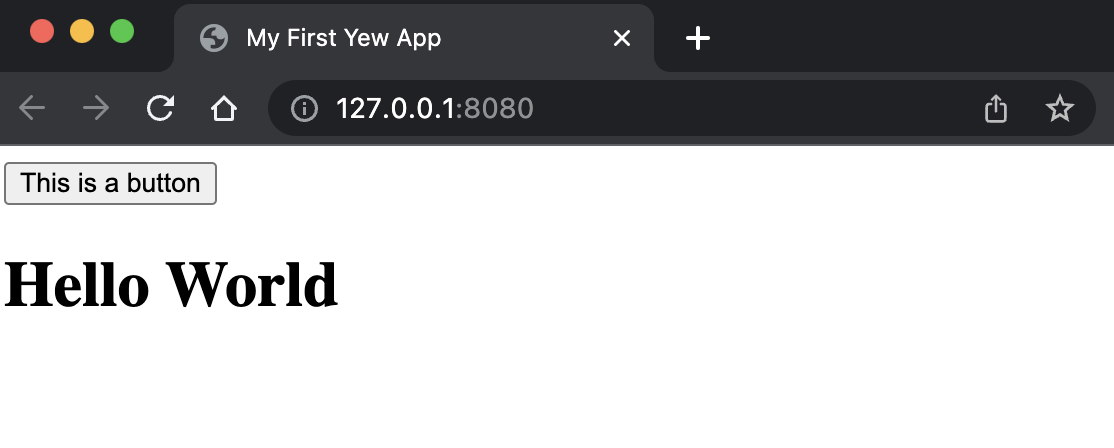 A white webpage with a button saying 'this is a button' and some text saying 'Hello World'