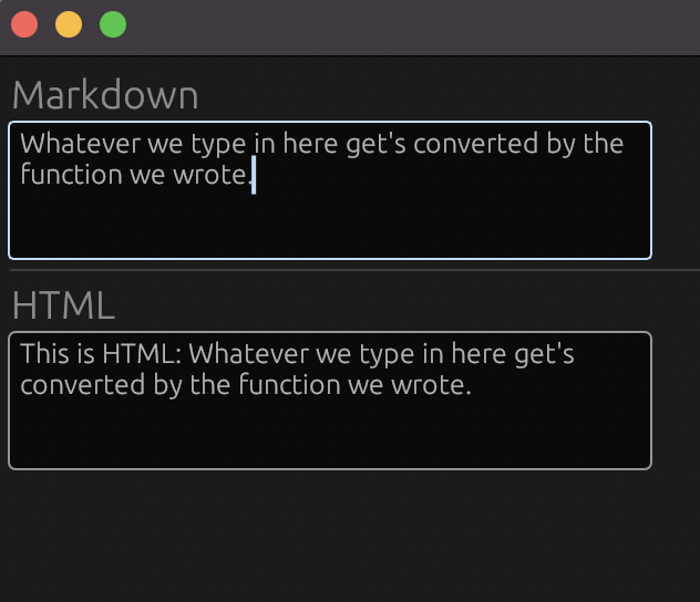 Two boxes with headings Markdown and HTML respectively. The second box says the same as the first, except it is prepended by 'This is HTML:'